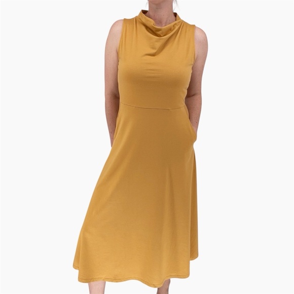 Pact Dresses & Skirts - PACT | Organic Cotton Fit & Flare Mock Neck Midi Dress in Gold | Sz M